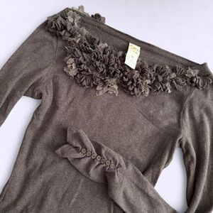 Anthropologie Brown Cotton Floral 3D Boatneck Blouse Ruched Sleeves M Fits S
